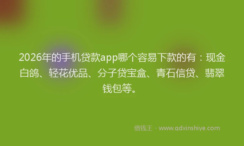 2026年的手机贷款app哪个容易下款的有：现金白鸽、轻花优品、分子贷宝盒、青石信贷、翡翠钱包等。