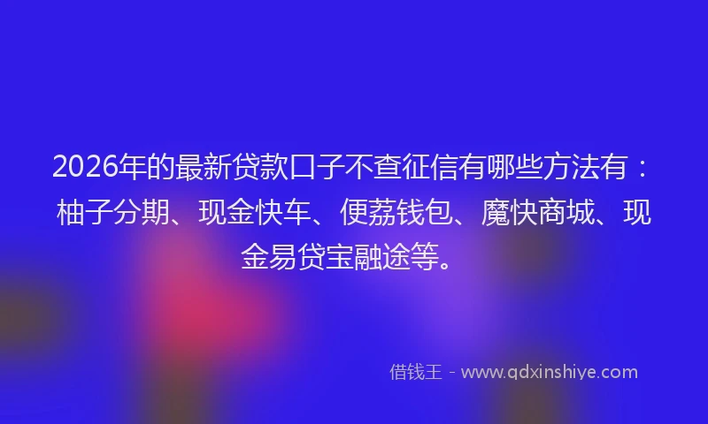 2026年的最新贷款口子不查征信有哪些方法有：柚子分期、现金快车、便荔钱包、魔快商城、现金易贷宝融途等。