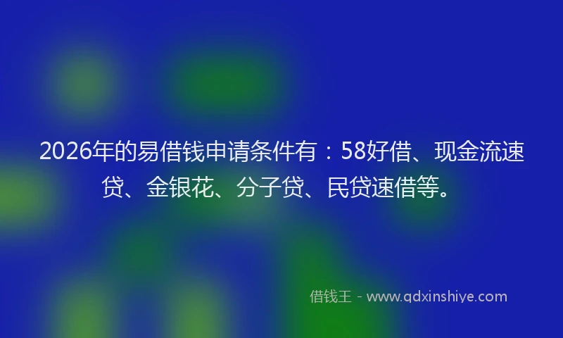 2026年的易借钱申请条件有：58好借、现金流速贷、金银花、分子贷、民贷速借等。