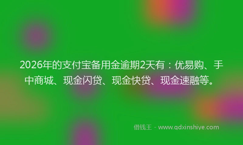 2026年的支付宝备用金逾期2天有：优易购、手中商城、现金闪贷、现金快贷、现金速融等。