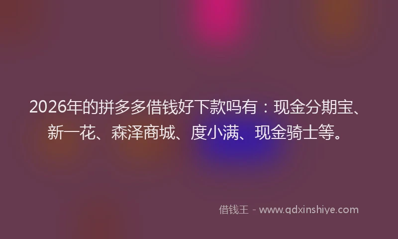 2026年的拼多多借钱好下款吗有：现金分期宝、新一花、森泽商城、度小满、现金骑士等。