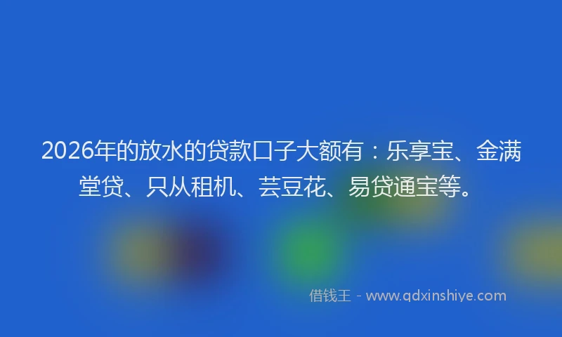 2026年的放水的贷款口子大额有：乐享宝、金满堂贷、只从租机、芸豆花、易贷通宝等。