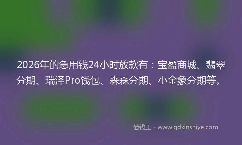 2026年的急用钱24小时放款有：宝盈商城、翡翠分期、瑞泽Pro钱包、森森分期、小金象分期等。