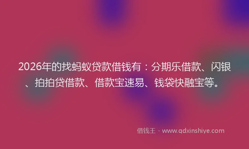 2026年的找蚂蚁贷款借钱有：分期乐借款、闪银、拍拍贷借款、借款宝速易、钱袋快融宝等。