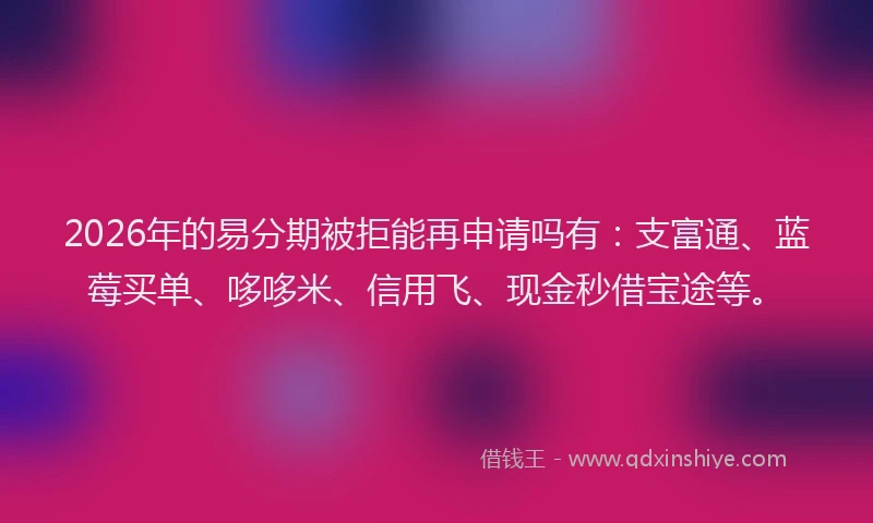 2026年的易分期被拒能再申请吗有：支富通、蓝莓买单、哆哆米、信用飞、现金秒借宝途等。