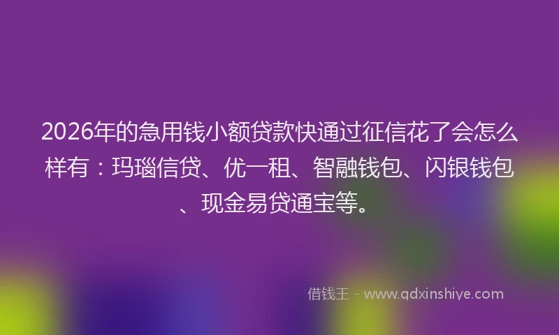 2026年的急用钱小额贷款快通过征信花了会怎么样有：玛瑙信贷、优一租、智融钱包、闪银钱包、现金易贷通宝等。