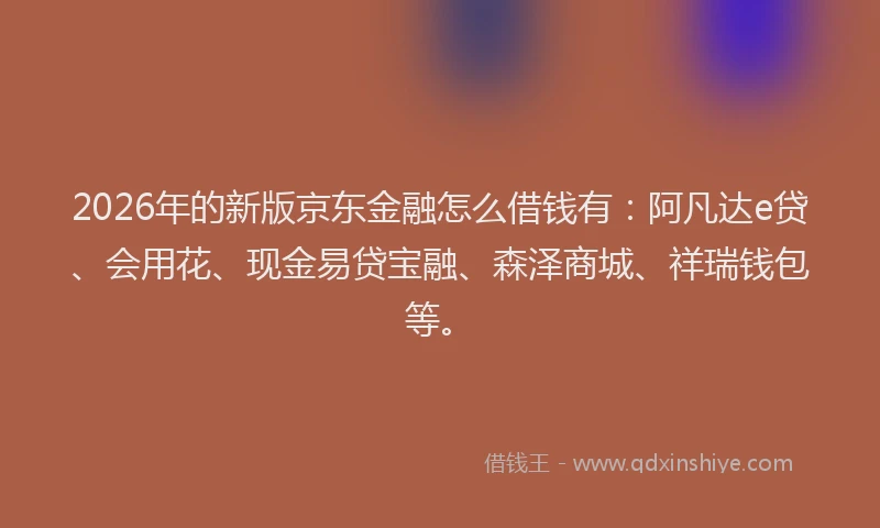 2026年的新版京东金融怎么借钱有:阿凡达e贷、会用花、现金易贷宝融、森泽商城、祥瑞钱包等。