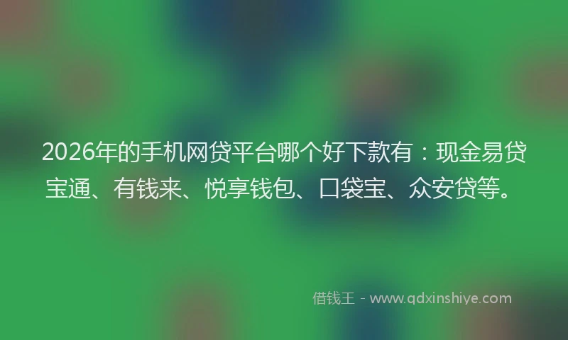 2026年的手机网贷平台哪个好下款有：现金易贷宝通、有钱来、悦享钱包、口袋宝、众安贷等。