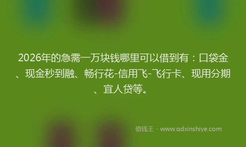 2026年的急需一万块钱哪里可以借到有：口袋金、现金秒到融、畅行花-信用飞-飞行卡、现用分期、宜人贷等。