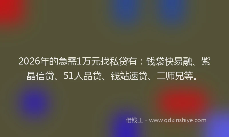 2026年的急需1万元找私贷有：钱袋快易融、紫晶信贷、51人品贷、钱站速贷、二师兄等。