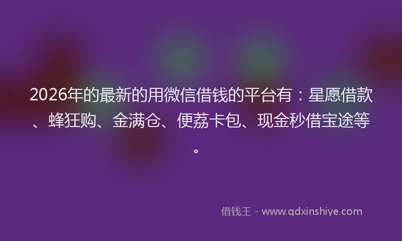 2026年的最新的用微信借钱的平台有：星愿借款、蜂狂购、金满仓、便荔卡包、现金秒借宝途等。