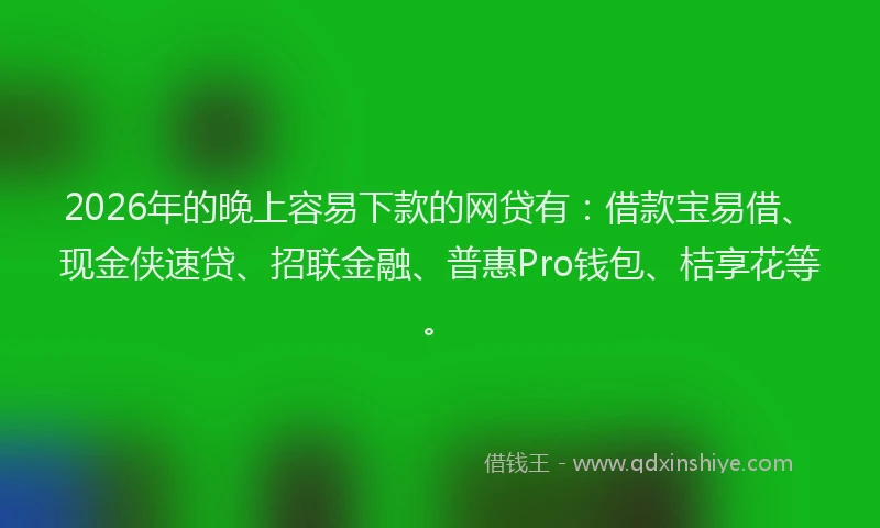 2026年的晚上容易下款的网贷有：借款宝易借、现金侠速贷、招联金融、普惠Pro钱包、桔享花等。
