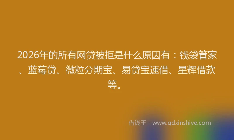 2026年的所有网贷被拒是什么原因有：钱袋管家、蓝莓贷、微粒分期宝、易贷宝速借、星辉借款等。