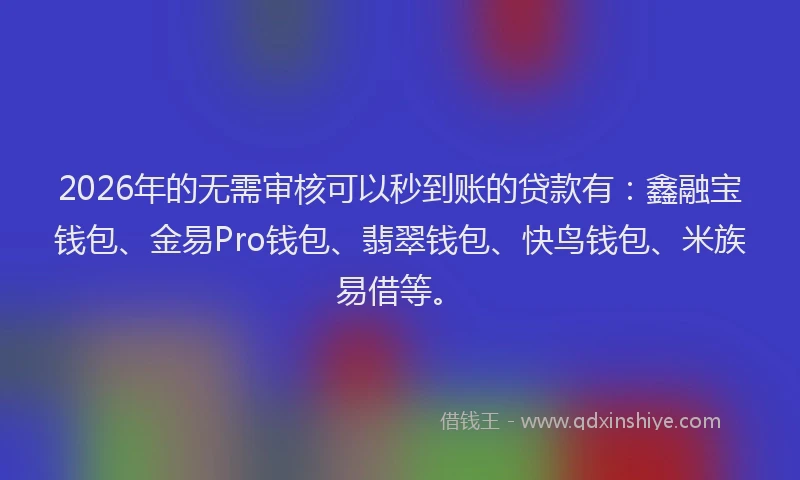 2026年的无需审核可以秒到账的贷款有：鑫融宝钱包、金易Pro钱包、翡翠钱包、快鸟钱包、米族易借等。