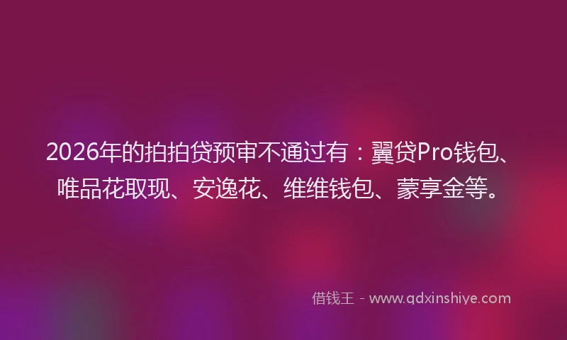 2026年的拍拍贷预审不通过有：翼贷Pro钱包、唯品花取现、安逸花、维维钱包、蒙享金等。
