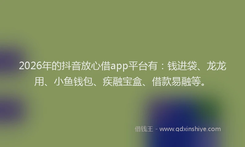 2026年的抖音放心借app平台有：钱进袋、龙龙用、小鱼钱包、疾融宝盒、借款易融等。