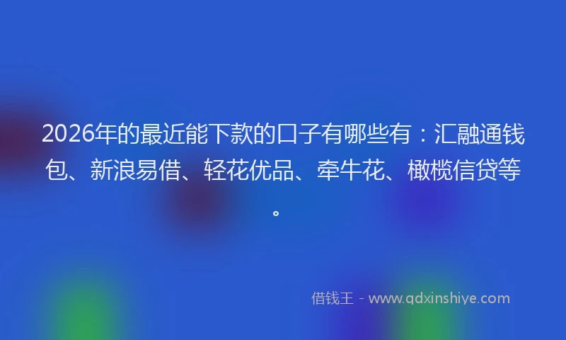 2026年的最近能下款的口子有哪些有：汇融通钱包、新浪易借、轻花优品、牵牛花、橄榄信贷等。