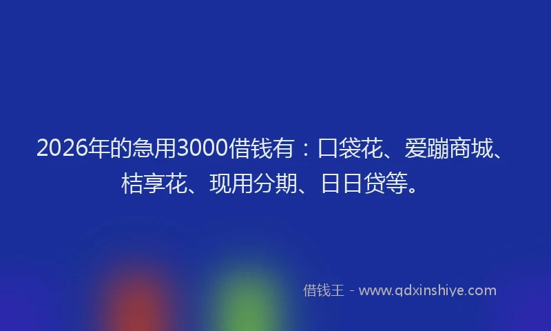 2026年的急用3000借钱有:口袋花、爱蹦商城、桔享花、现用分期、日日贷等。