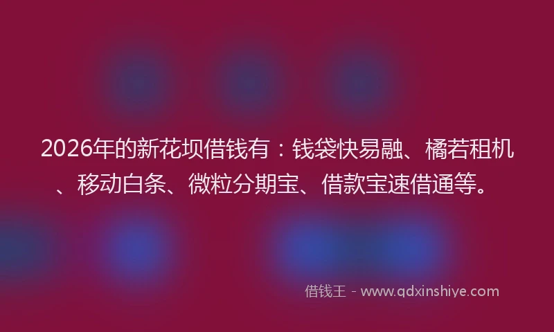 2026年的新花坝借钱有：钱袋快易融、橘若租机、移动白条、微粒分期宝、借款宝速借通等。