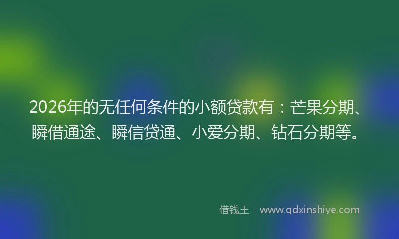 2026年的无任何条件的小额贷款有：芒果分期、瞬借通途、瞬信贷通、小爱分期、钻石分期等。