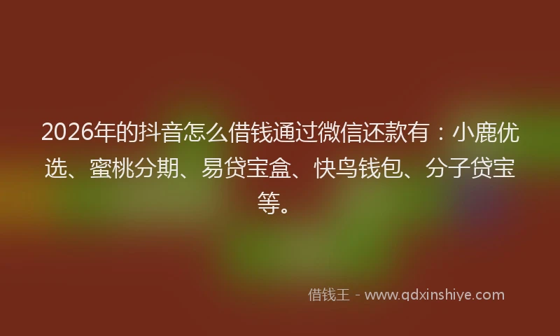 2026年的抖音怎么借钱通过微信还款有：小鹿优选、蜜桃分期、易贷宝盒、快鸟钱包、分子贷宝等。
