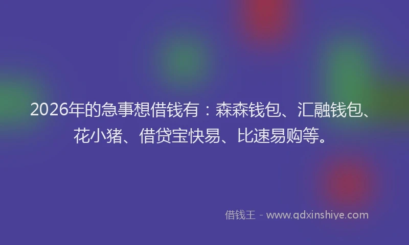 2026年的急事想借钱有：森森钱包、汇融钱包、花小猪、借贷宝快易、比速易购等。