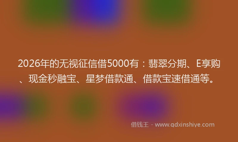 2026年的无视征信借5000有：翡翠分期、E享购、现金秒融宝、星梦借款通、借款宝速借通等。
