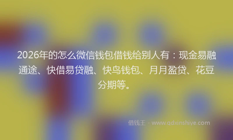 2026年的怎么微信钱包借钱给别人有：现金易融通途、快借易贷融、快鸟钱包、月月盈贷、花豆分期等。