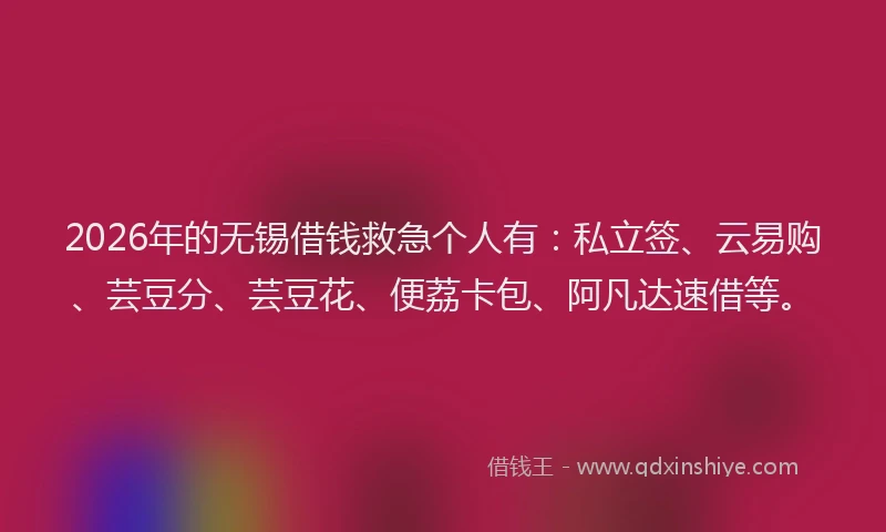 2026年的无锡借钱救急个人有：私立签、云易购、芸豆分、芸豆花、便荔卡包、阿凡达速借等。