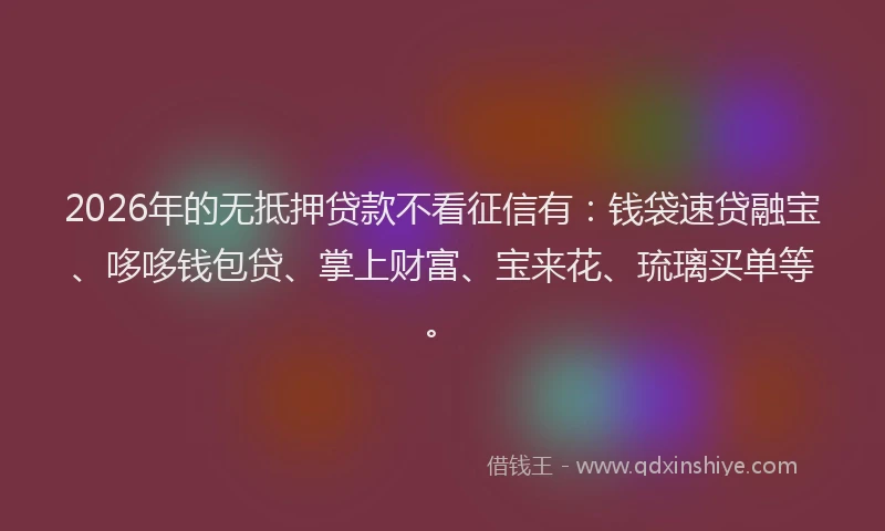 2026年的无抵押贷款不看征信有：钱袋速贷融宝、哆哆钱包贷、掌上财富、宝来花、琉璃买单等。