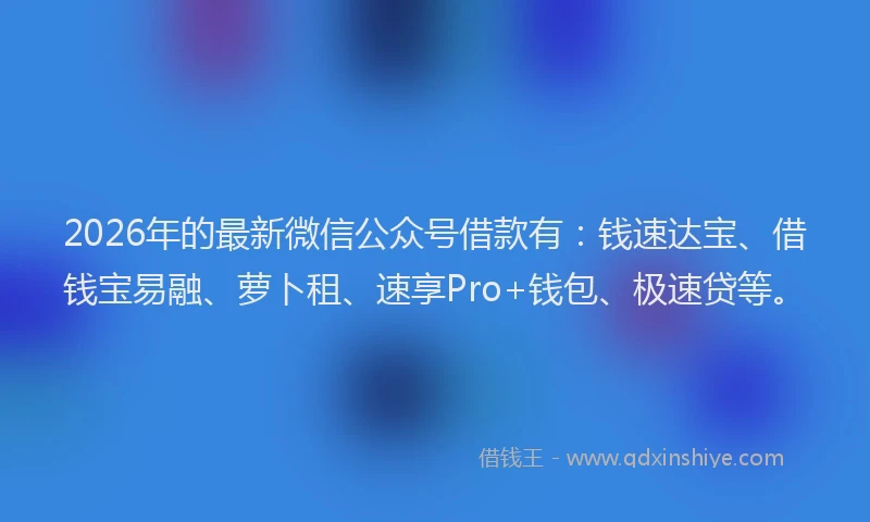2026年的最新微信公众号借款有：钱速达宝、借钱宝易融、萝卜租、速享Pro+钱包、极速贷等。