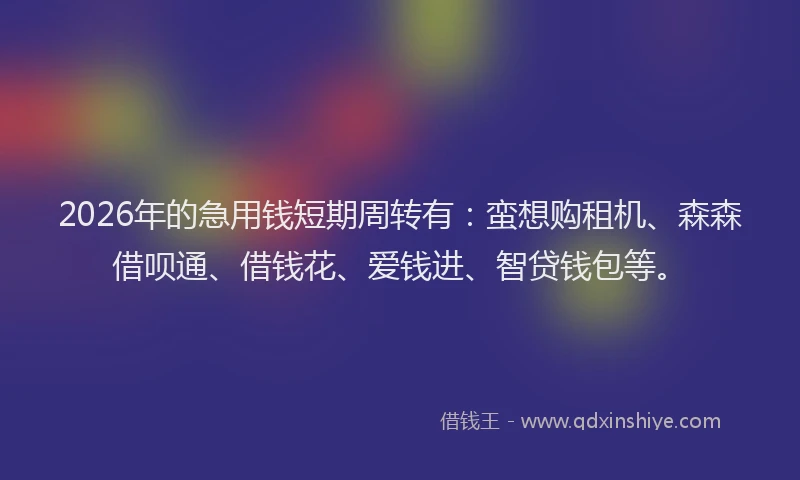 2026年的急用钱短期周转有：蛮想购租机、森森借呗通、借钱花、爱钱进、智贷钱包等。