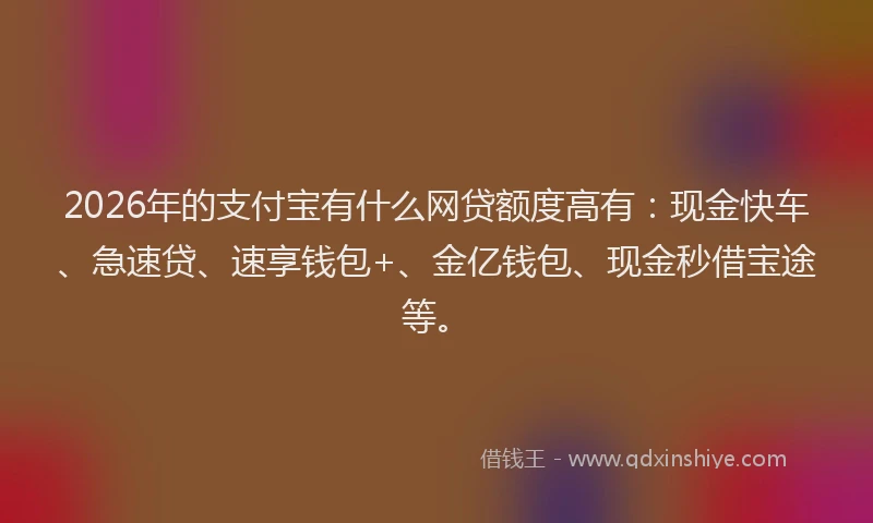 2026年的支付宝有什么网贷额度高有：现金快车、急速贷、速享钱包+、金亿钱包、现金秒借宝途等。