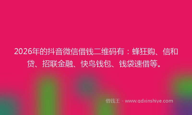 2026年的抖音微信借钱二维码有：蜂狂购、信和贷、招联金融、快鸟钱包、钱袋速借等。