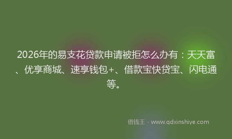 2026年的易支花贷款申请被拒怎么办有：天天富、优享商城、速享钱包+、借款宝快贷宝、闪电通等。