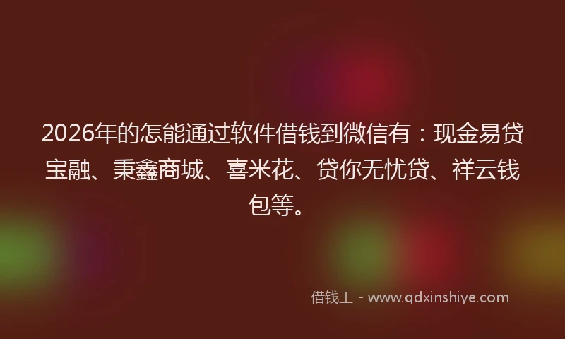 2026年的怎能通过软件借钱到微信有：现金易贷宝融、秉鑫商城、喜米花、贷你无忧贷、祥云钱包等。