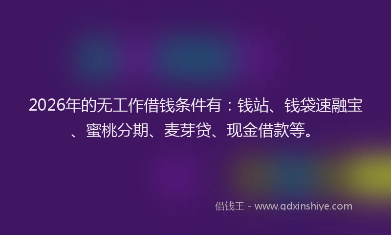 2026年的无工作借钱条件有：钱站、钱袋速融宝、蜜桃分期、麦芽贷、现金借款等。