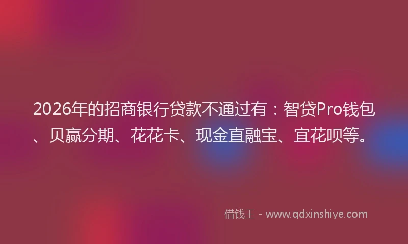 2026年的招商银行贷款不通过有：智贷Pro钱包、贝赢分期、花花卡、现金直融宝、宜花呗等。