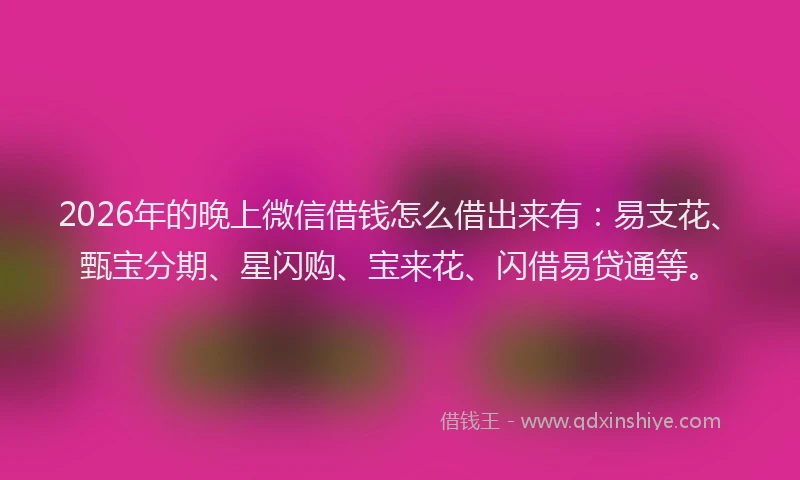 2026年的晚上微信借钱怎么借出来有：易支花、甄宝分期、星闪购、宝来花、闪借易贷通等。