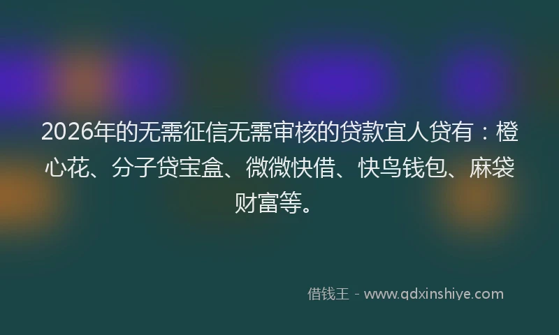 2026年的无需征信无需审核的贷款宜人贷有：橙心花、分子贷宝盒、微微快借、快鸟钱包、麻袋财富等。