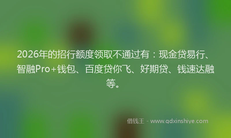 2026年的招行额度领取不通过有:现金贷易行、智融Pro+钱包、百度贷你飞、好期贷、钱速达融等。