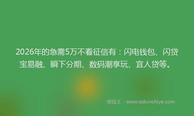 2026年的急需5万不看征信有：闪电钱包、闪贷宝易融、瞬下分期、数码潮享玩、宜人贷等。