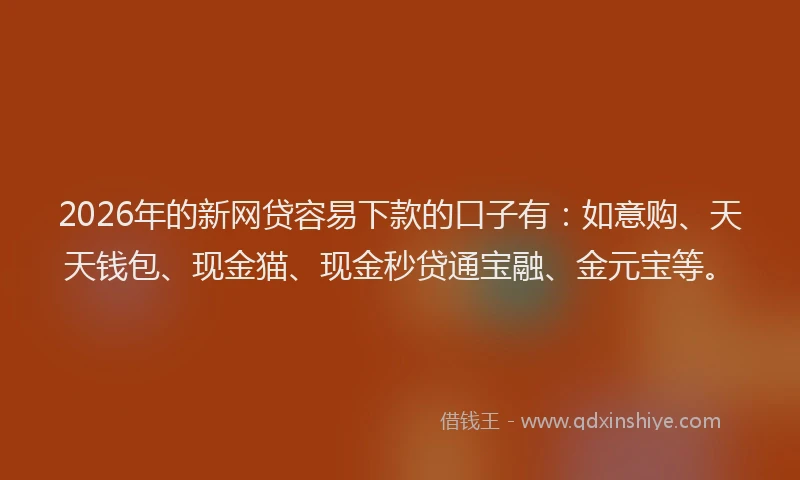 2026年的新网贷容易下款的口子有：如意购、天天钱包、现金猫、现金秒贷通宝融、金元宝等。
