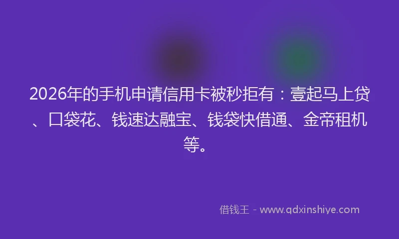 2026年的手机申请信用卡被秒拒有：壹起马上贷、口袋花、钱速达融宝、钱袋快借通、金帝租机等。