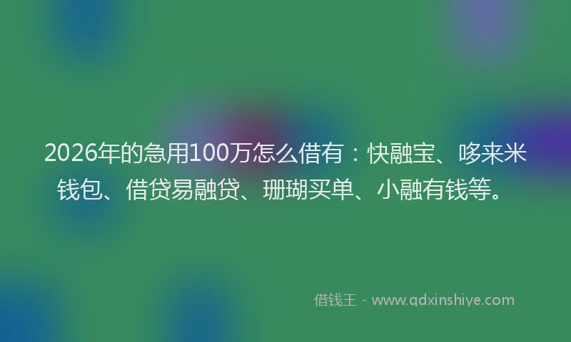 2026年的急用100万怎么借有：快融宝、哆来米钱包、借贷易融贷、珊瑚买单、小融有钱等。