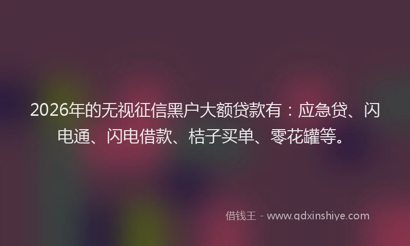 2026年的无视征信黑户大额贷款有：应急贷、闪电通、闪电借款、桔子买单、零花罐等。