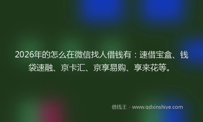 2026年的怎么在微信找人借钱有：速借宝盒、钱袋速融、京卡汇、京享易购、享来花等。