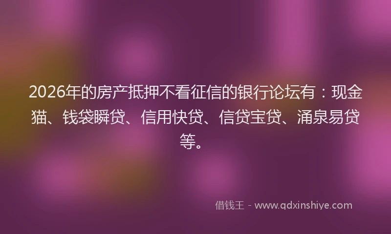 2026年的房产抵押不看征信的银行论坛有：现金猫、钱袋瞬贷、信用快贷、信贷宝贷、涌泉易贷等。
