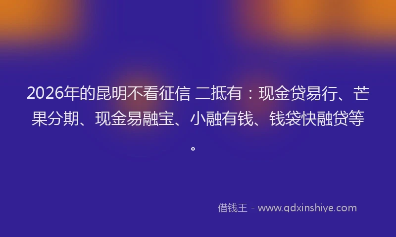 2026年的昆明不看征信 二抵有：现金贷易行、芒果分期、现金易融宝、小融有钱、钱袋快融贷等。