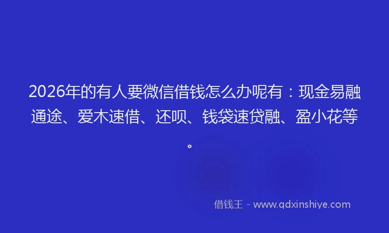 2026年的有人要微信借钱怎么办呢有：现金易融通途、爱木速借、还呗、钱袋速贷融、盈小花等。